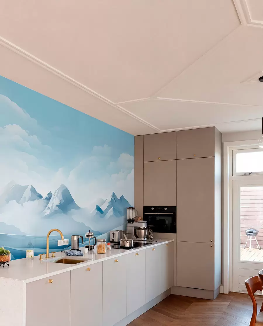 murales de pared Nubes y montañas azules minimalistas, tiempo gélido w08811