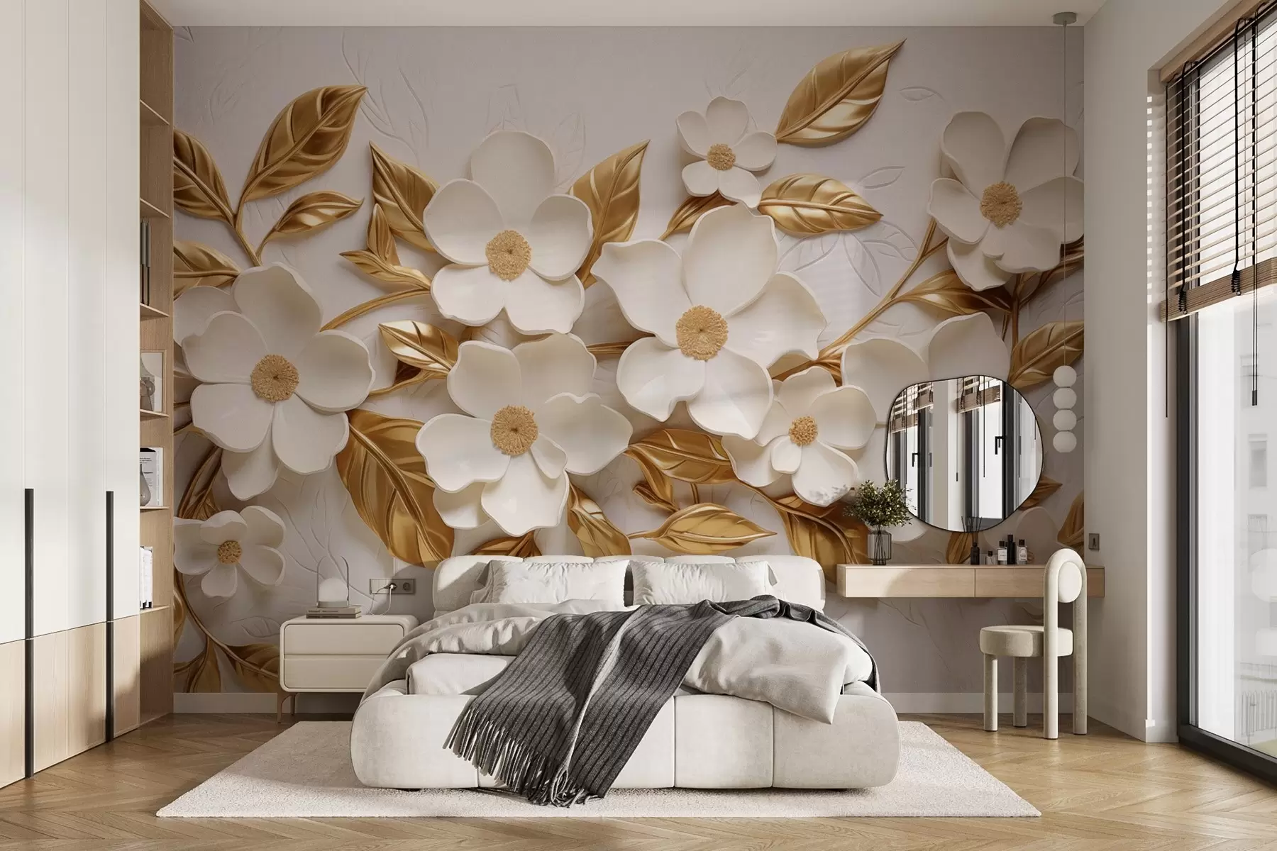 murales de pared flores blancas en 3D con hojas amarillas en relieve w08814