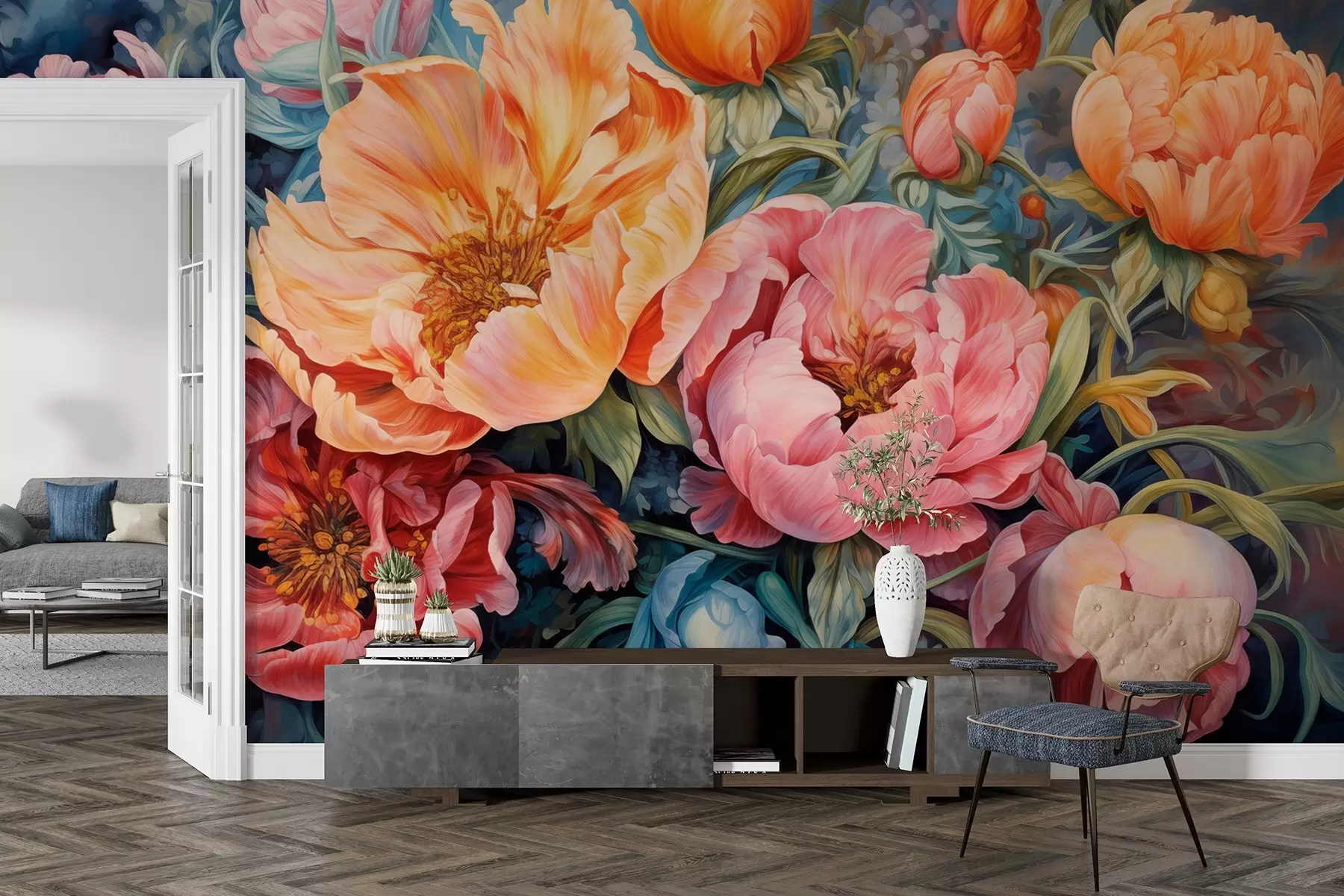 murales de pared Tulipanes y peonías, una composición floral en estilo pincelada de óleo w08817