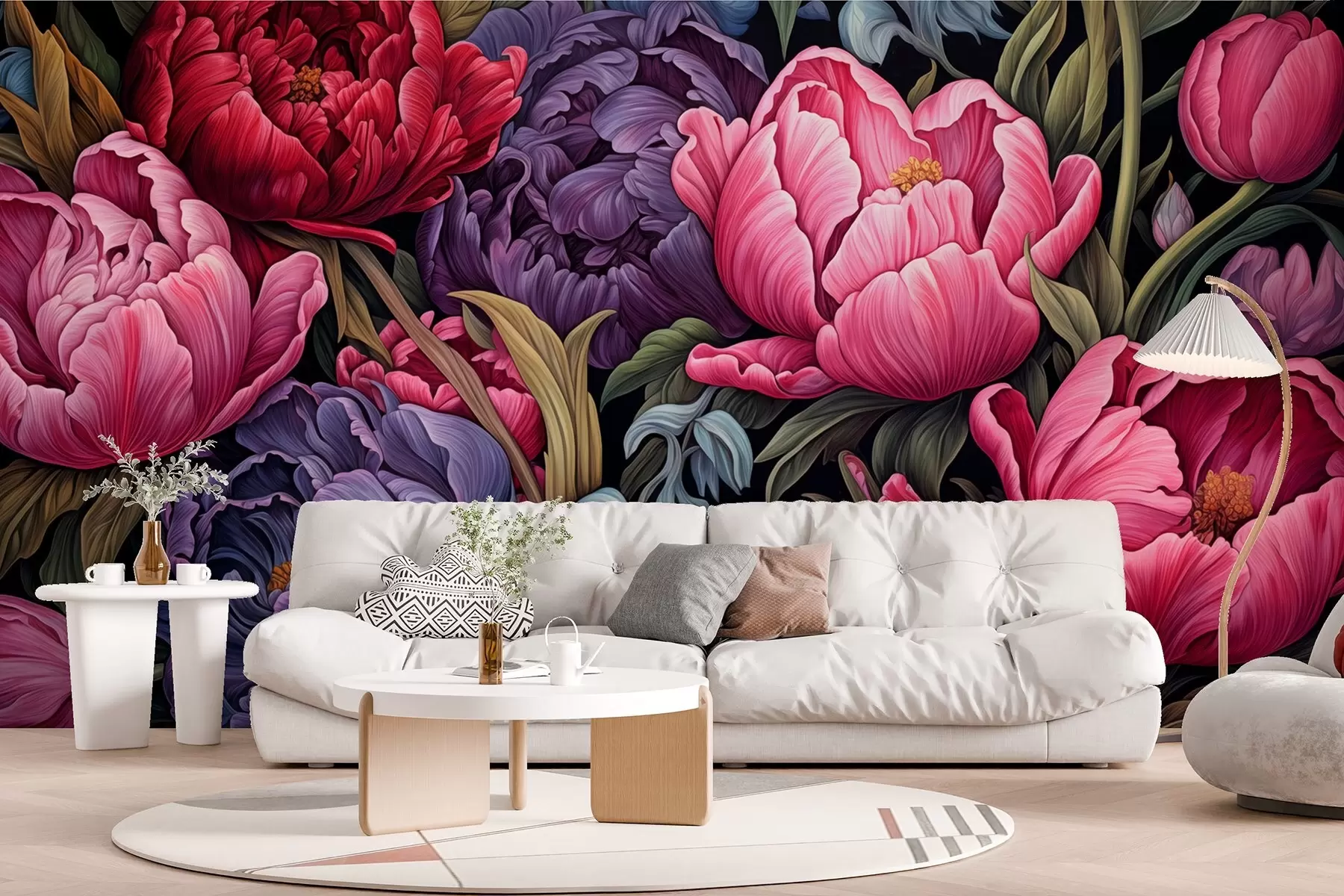 murales de pared Tulipanes y peonías de estilo victoriano, en colores rosa y morado w08818