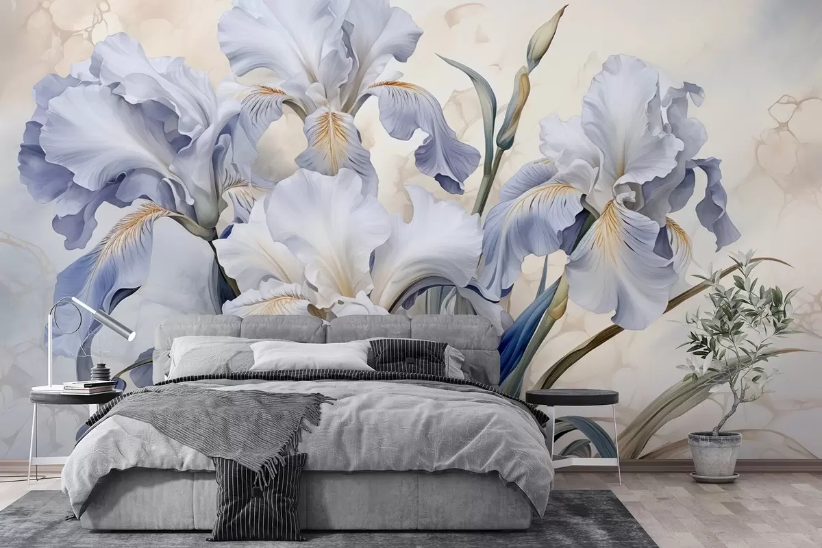 murales de pared Lirios blancos y azules en estilo acuarela w08819