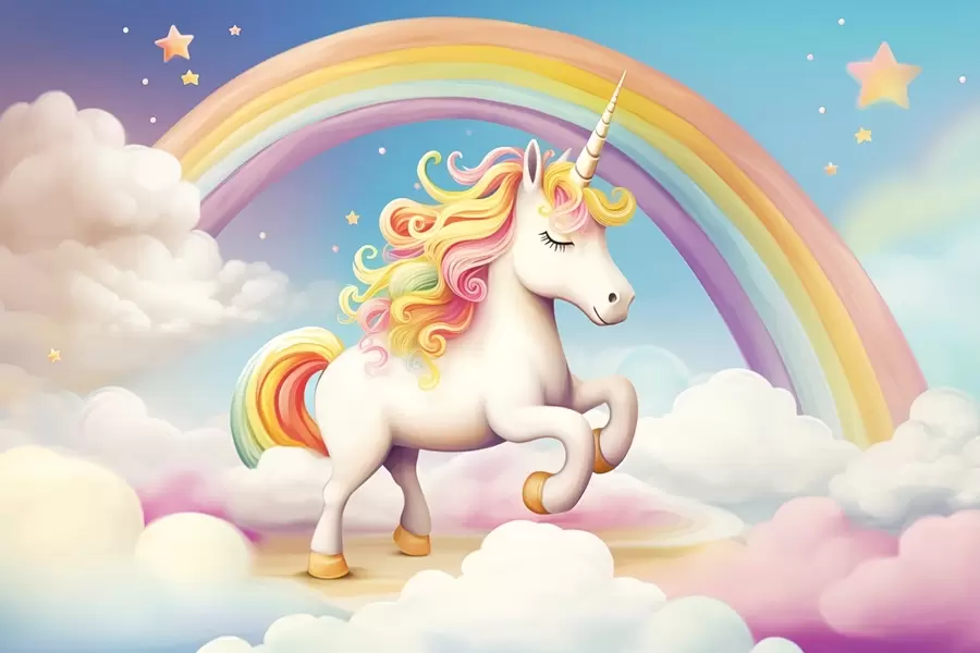 murales de pared Un caballo unicornio con un arco iris, nubes y un cielo estrellado w08820