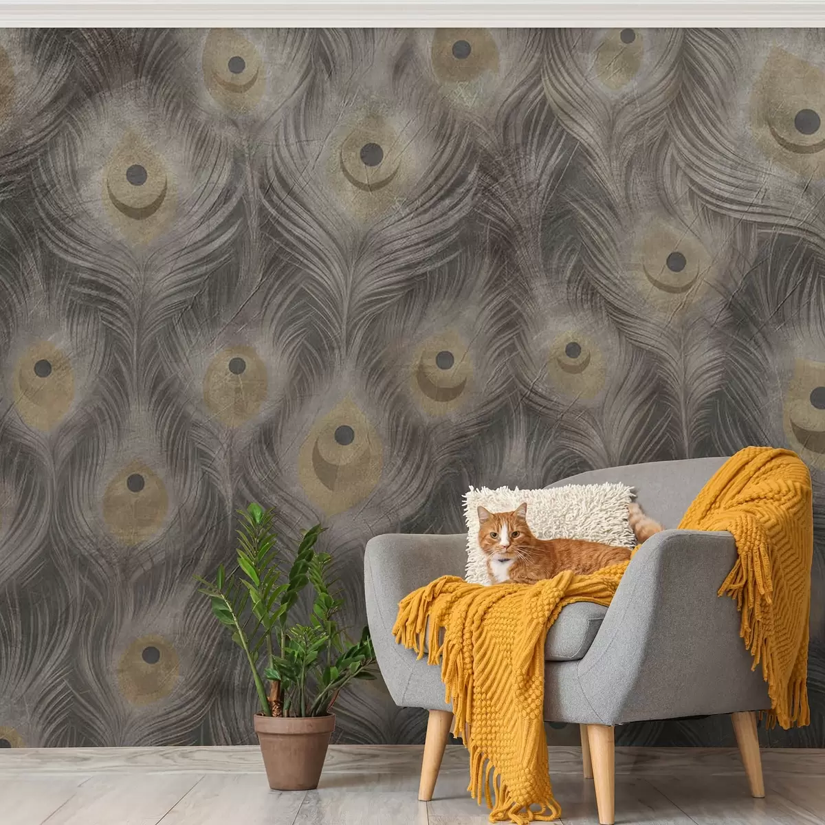 murales de pared Plumas de pavo real sobre fondo envejecido w08800
