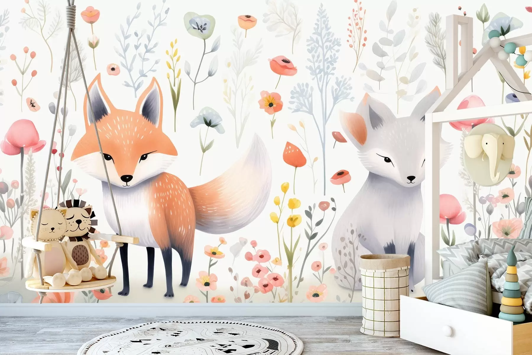 murales de pared Animales en flores, imitación de acuarela w08841