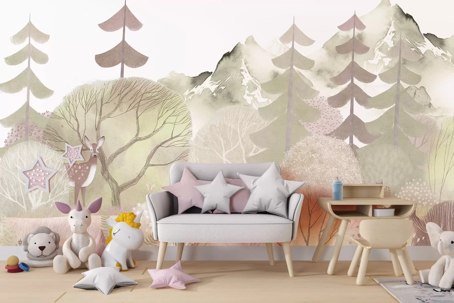 murales de pared Un sereno paisaje forestal en tonos pastel w03257v1