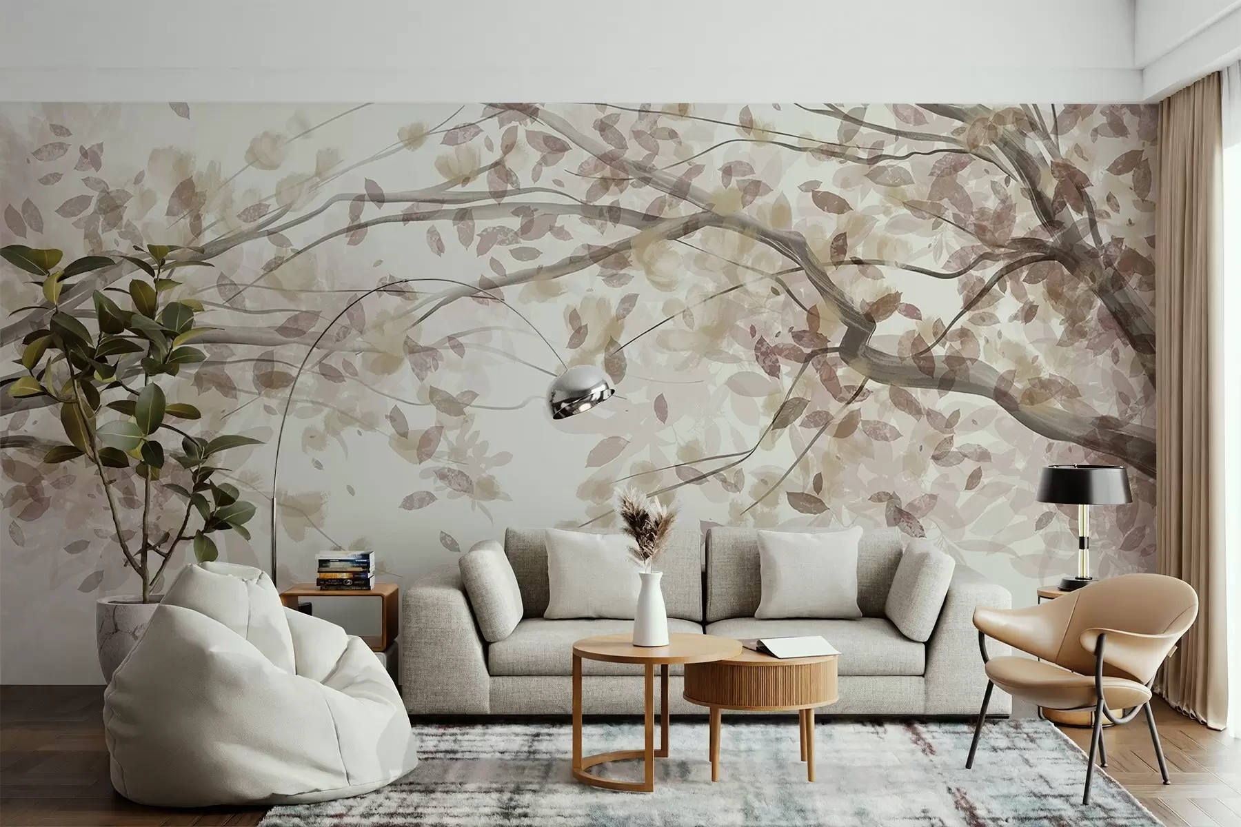 murales de pared Ramas en flor con hojas beige, colores suaves, detalles delicados, estilo acuarela, sobre fondo claro w08867v1