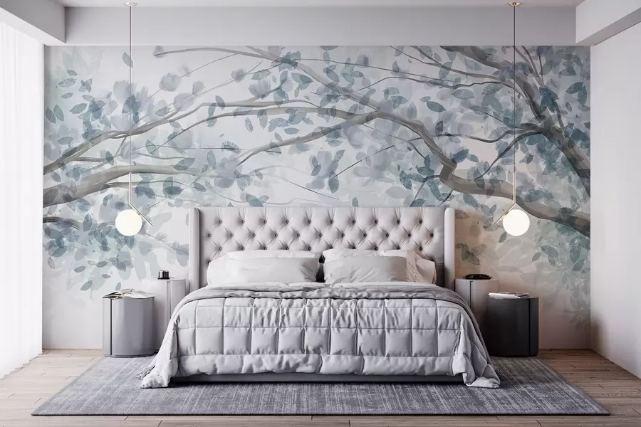 murales de pared Ramas en flor con hojas azules, colores suaves, detalles delicados, estilo acuarela, sobre fondo claro w08867v2