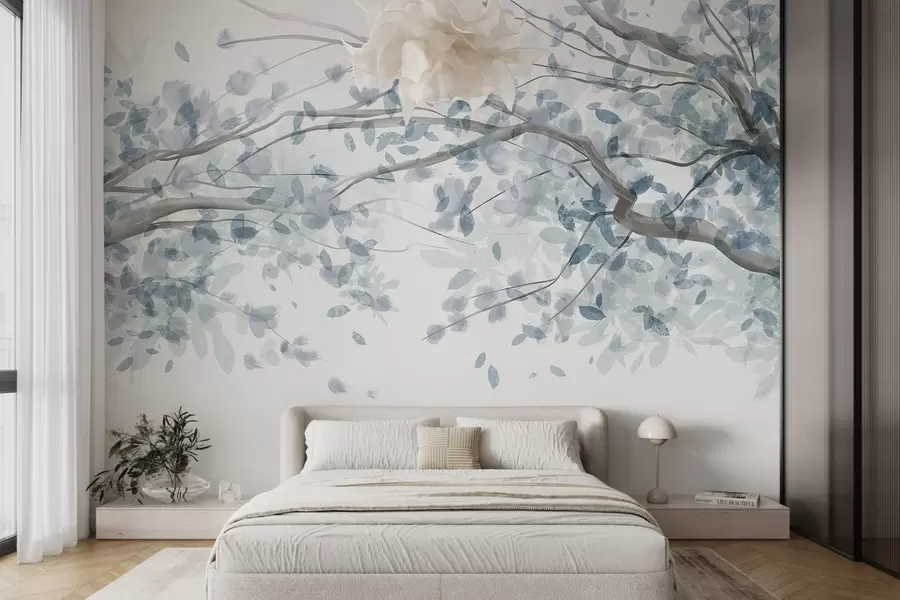 murales de pared Ramas en flor con hojas azules, colores suaves, detalles delicados, estilo acuarela, sobre fondo claro w08867v2