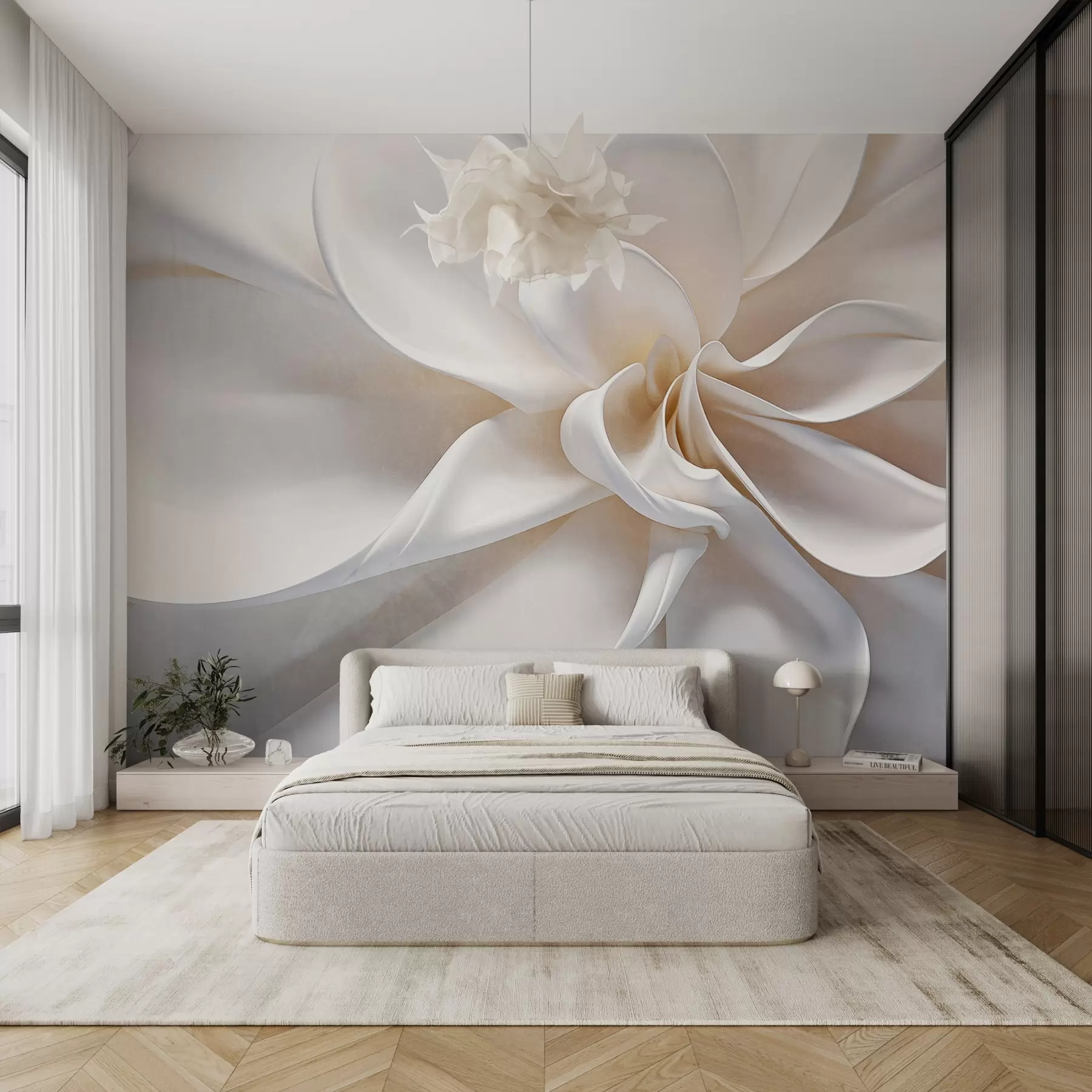 murales de pared Flor minimalista de textura pastel con pétalos suaves, ligera y aireada, sobre fondo blanco w08868