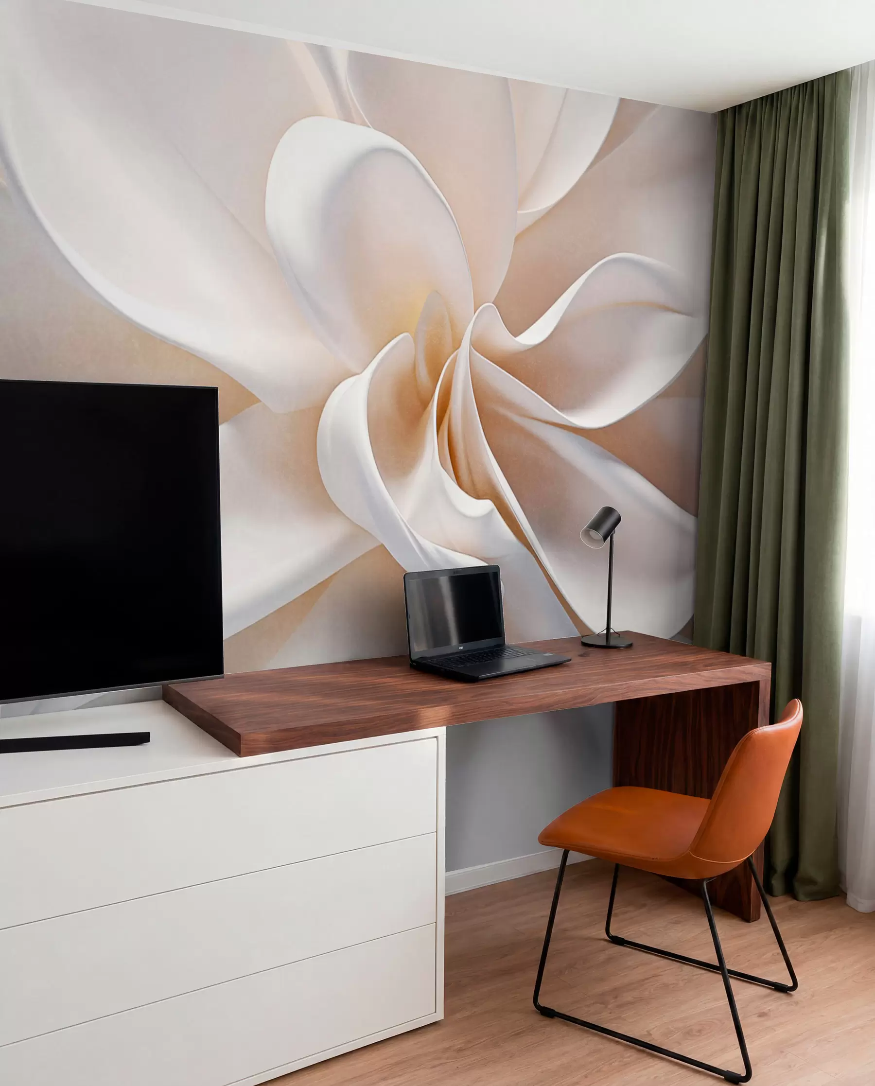 murales de pared Flor minimalista de textura pastel con pétalos suaves, ligera y aireada, sobre fondo blanco w08868