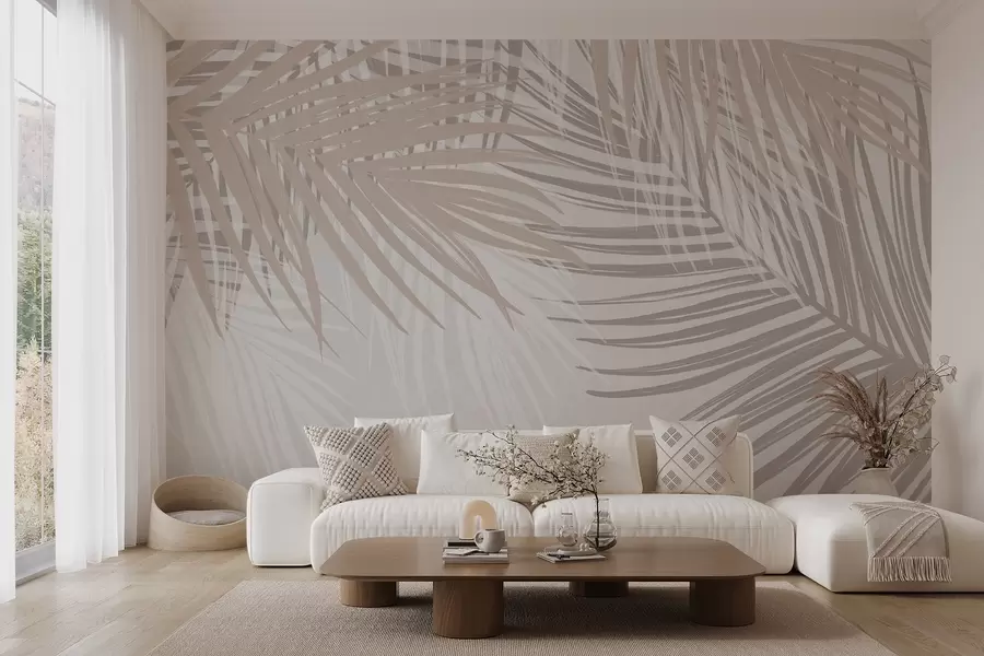 murales de pared Hojas de palmera en tonos beige claro y blanco, follaje tropical, colores pastel suaves, diseño minimalista w08869