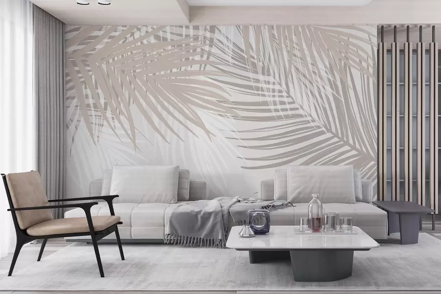 murales de pared Hojas de palmera en tonos beige claro y blanco, follaje tropical, colores pastel suaves, diseño minimalista w08869