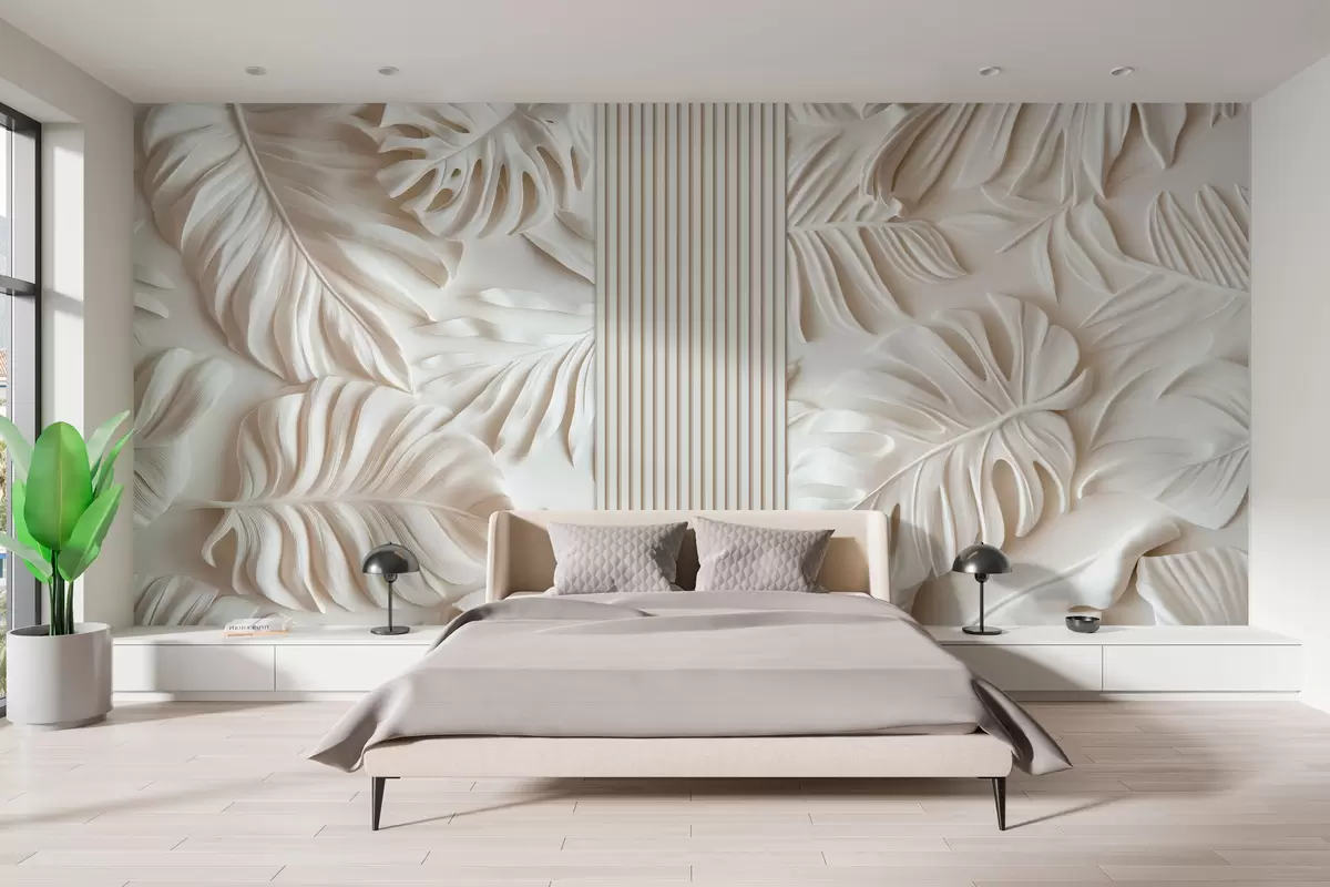 murales de pared grandes hojas tropicales imitación de bajorrelieve y paneles en colores claros w03119