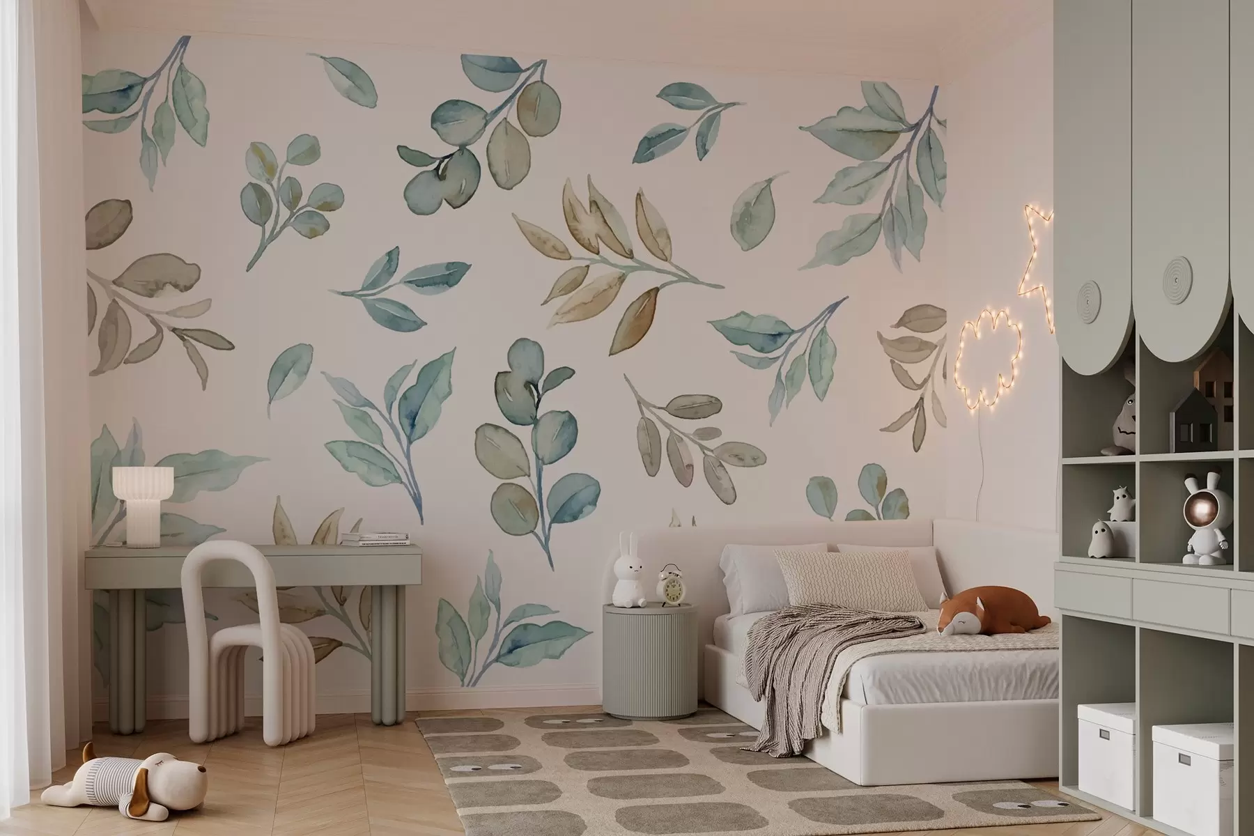 murales de pared varias hojas y ramas en técnica de acuarela en tonos azules y beige sobre fondo blanco w03280