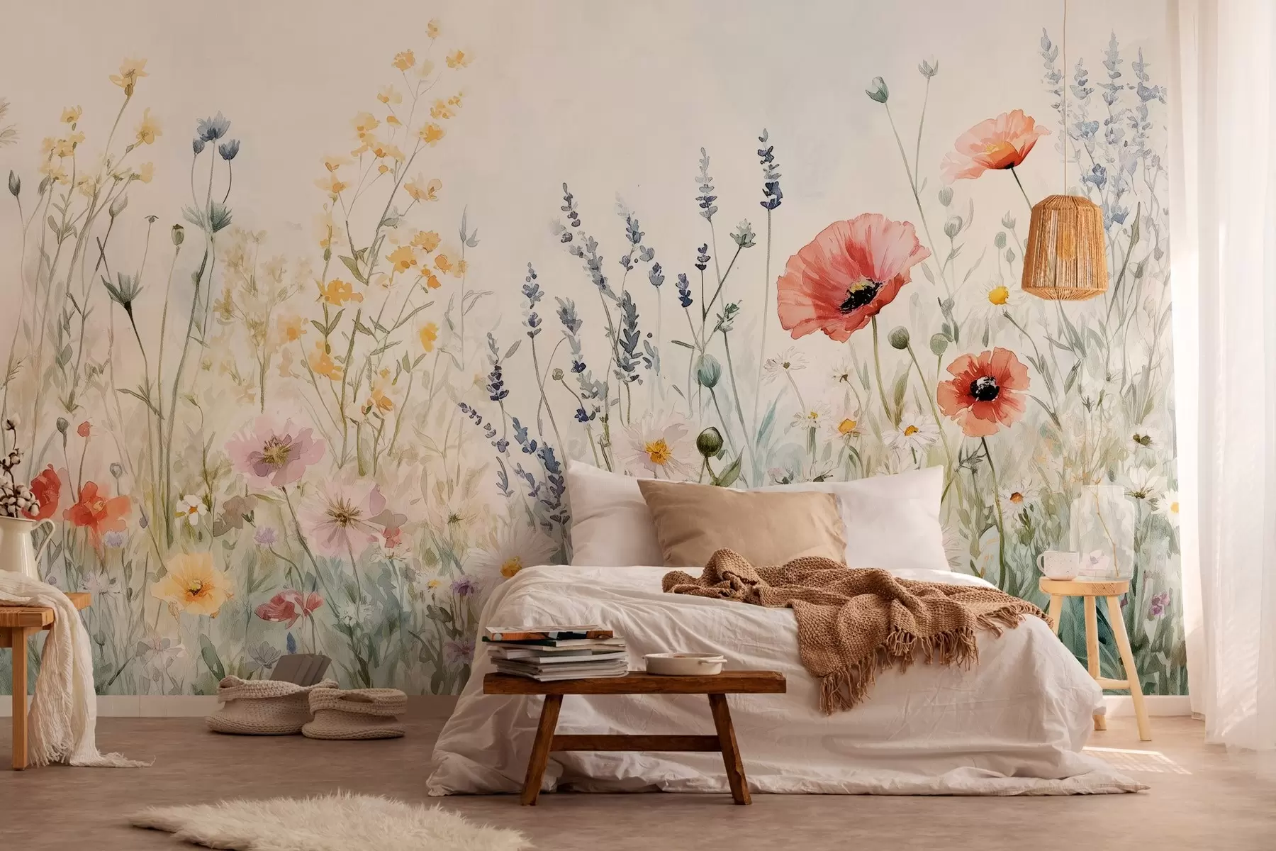 murales de pared flores silvestres y amapolas en la técnica de los trazos w03281
