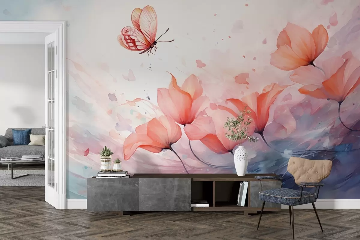 murales de pared Delicadas amapolas con una mariposa en estilo acuarela w08849