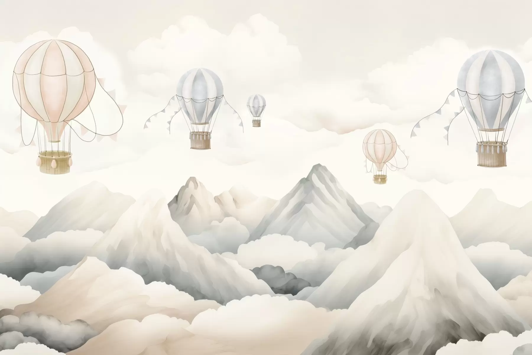 murales de pared Globos aerostáticos flotando sobre las montañas en tonos pastel neutros y suaves w08853