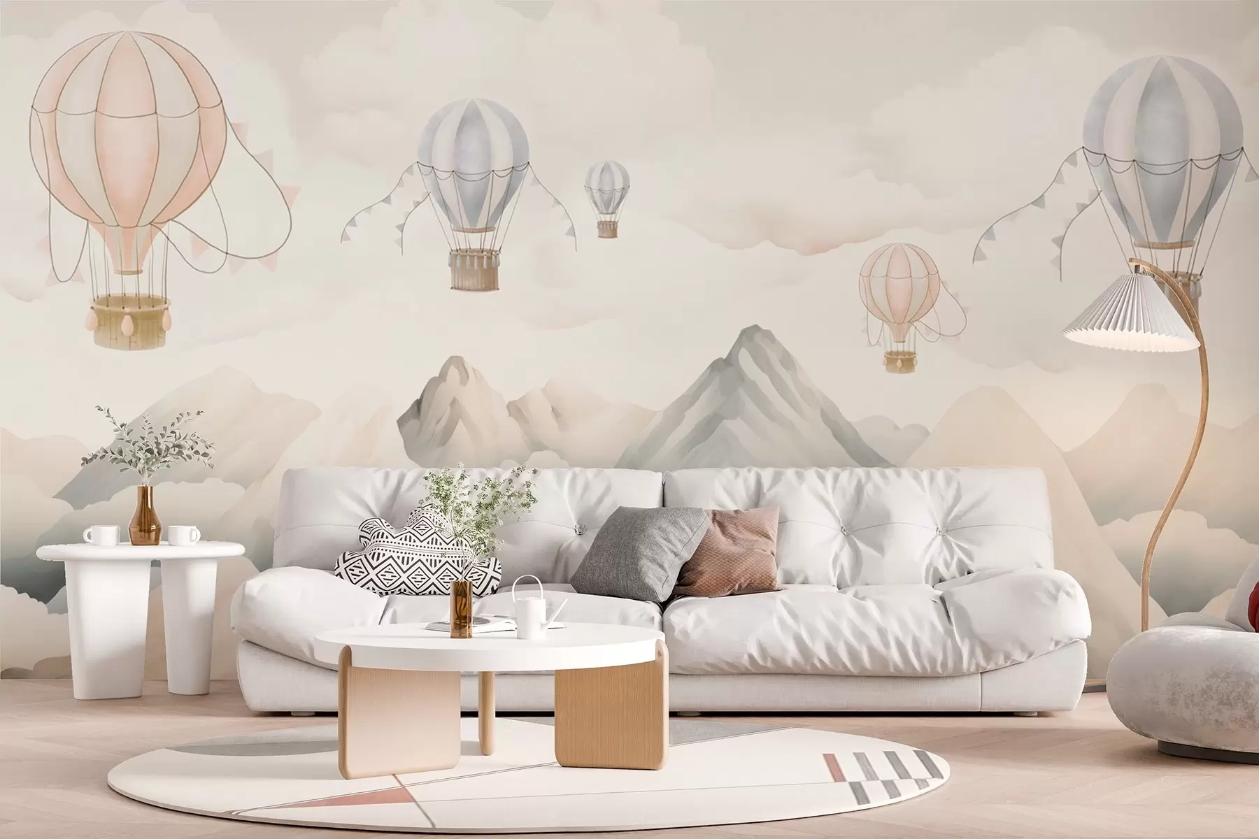 murales de pared Globos aerostáticos flotando sobre las montañas en tonos pastel neutros y suaves w08853
