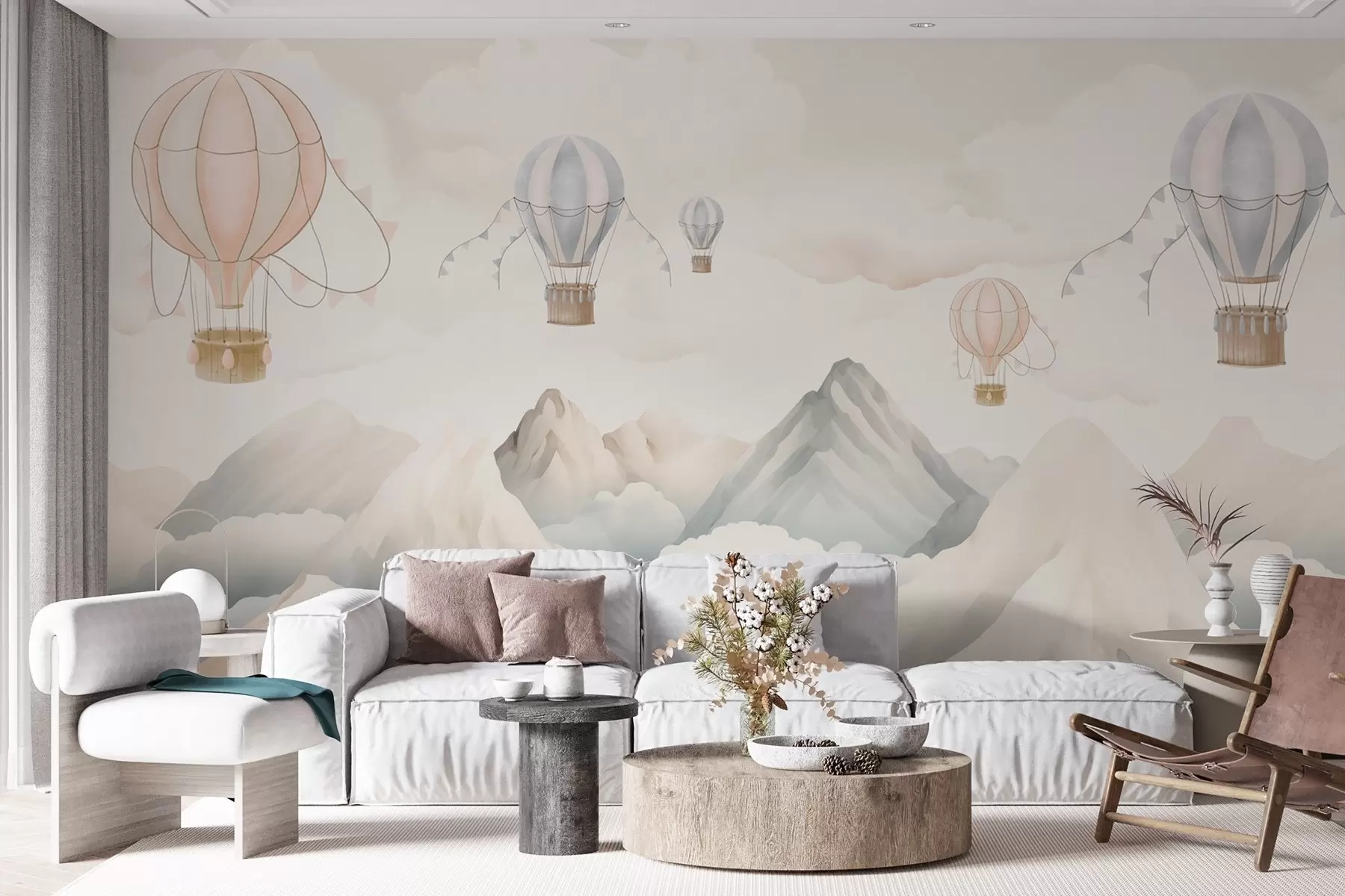 murales de pared Globos aerostáticos flotando sobre las montañas en tonos pastel neutros y suaves w08853