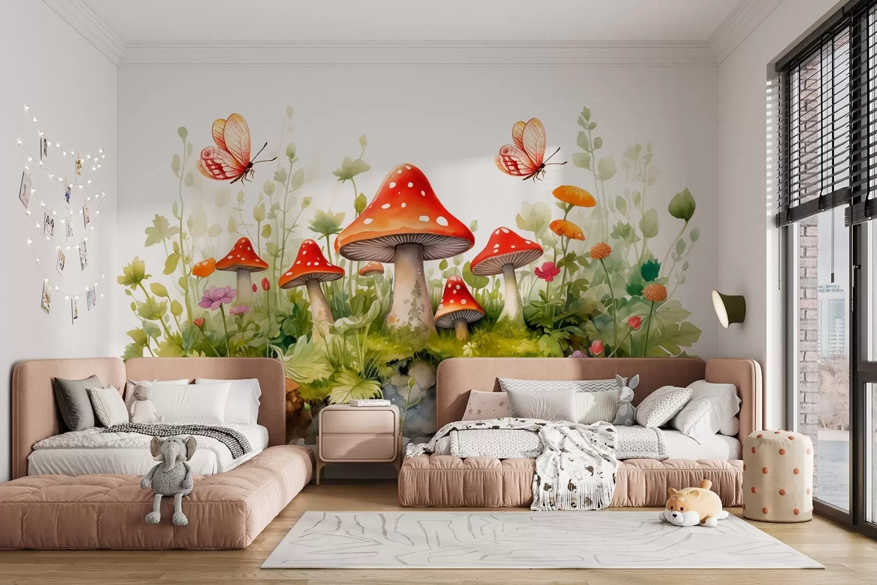 murales de pared Paisaje forestal sobre fondo blanco en estilo acuarela con setas, ranas y mariposas w08854