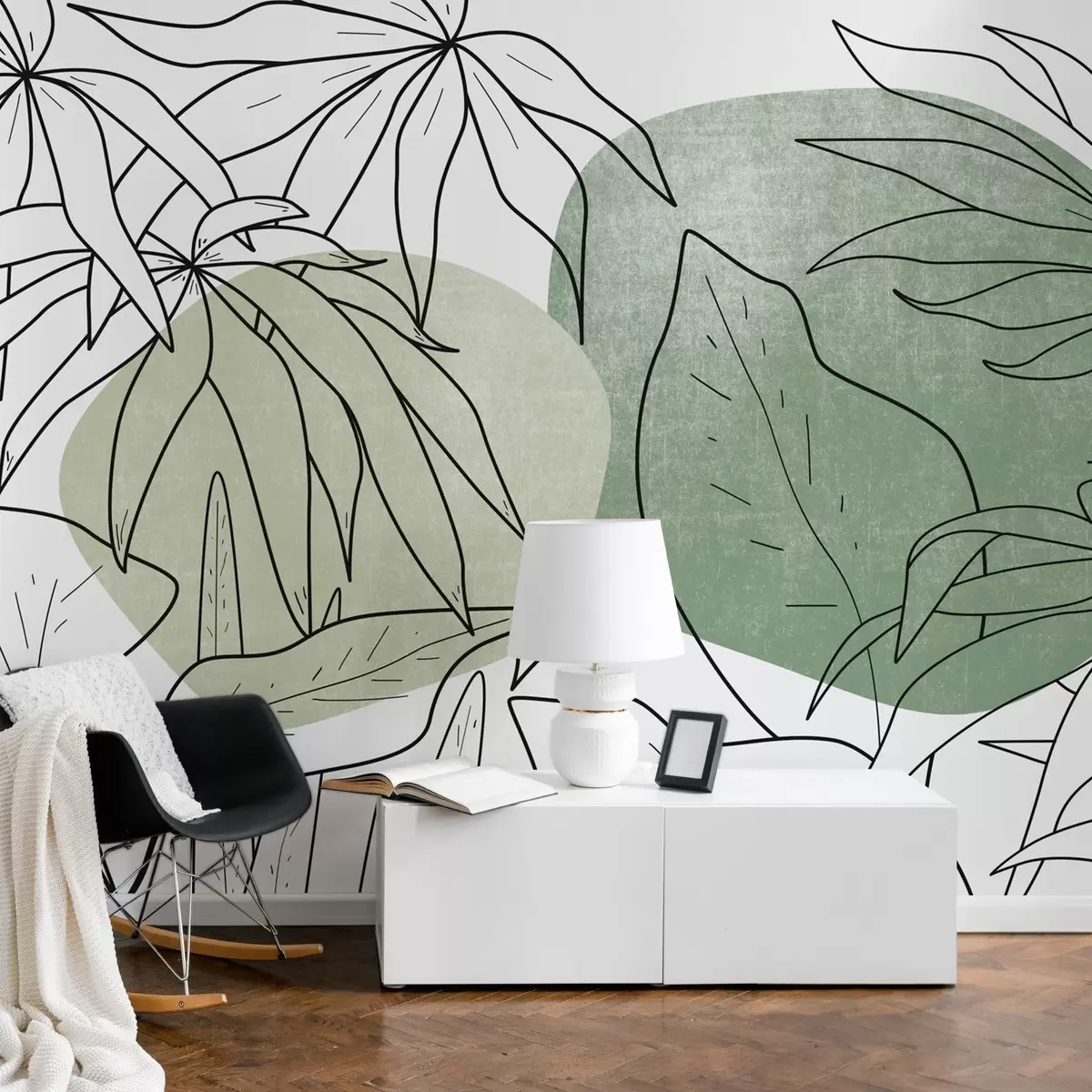 murales de pared Plantas en líneas sobre un fondo de manchas, tonos verdes w03278v2