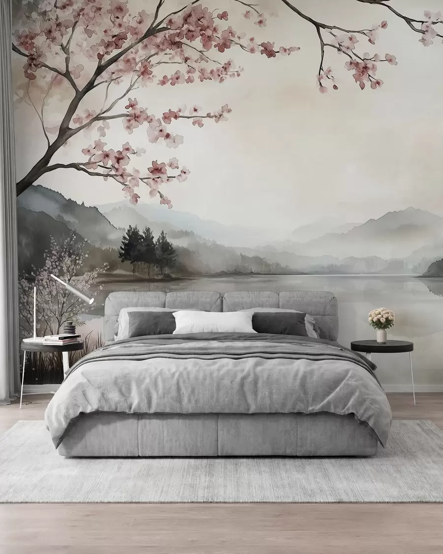 murales de pared tranquilo paisaje en acuarela con un lago y un árbol en flor w03282