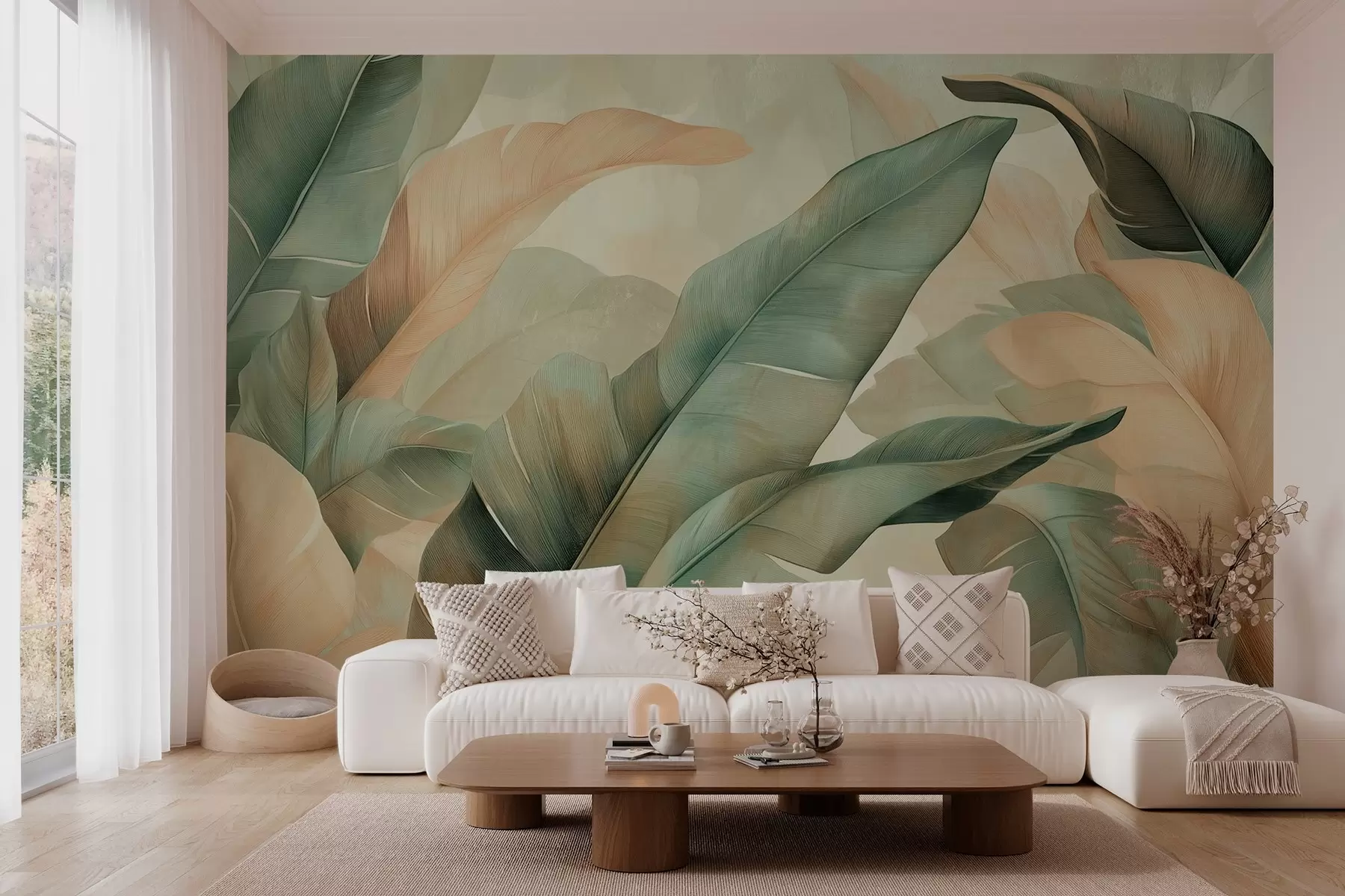 murales de pared gran follaje tropical en tonos verdes y melocotón w03286