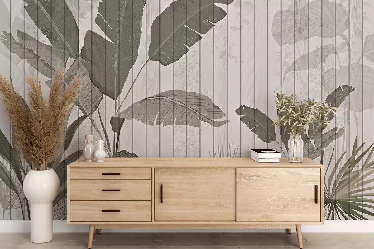 murales de pared Elegante ilustración botánica con hojas de plátano y plantas exóticas sobre un fondo claro texturizado w03325
