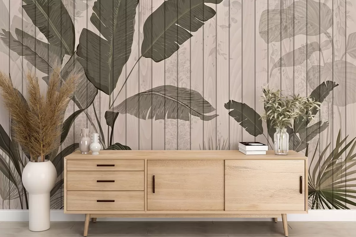 murales de pared Elegante ilustración botánica con hojas de plátano y plantas exóticas sobre un fondo claro texturizado w03325v1