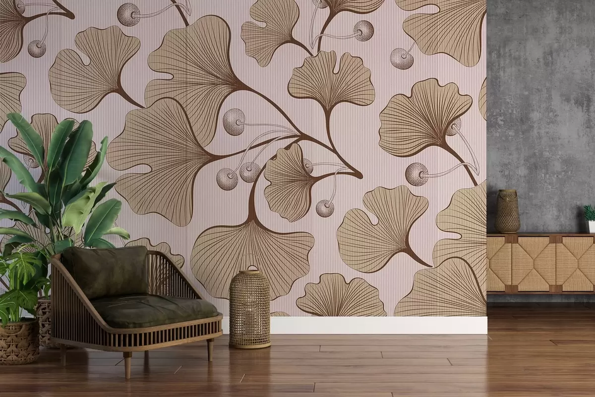 murales de pared Ilustración detallada de hojas de ginkgo sobre fondo de textura clara w03326v1