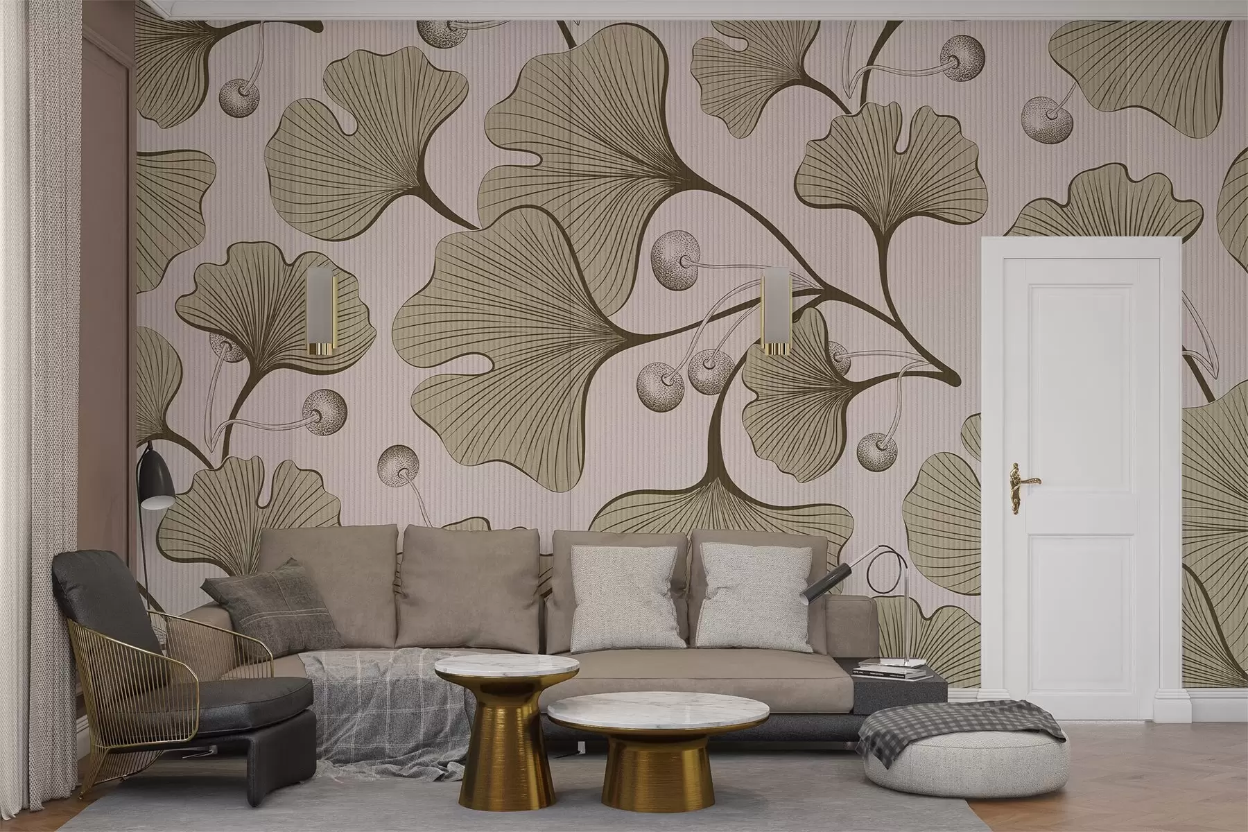 murales de pared Ilustración detallada de hojas de ginkgo sobre fondo de textura clara w03326v2