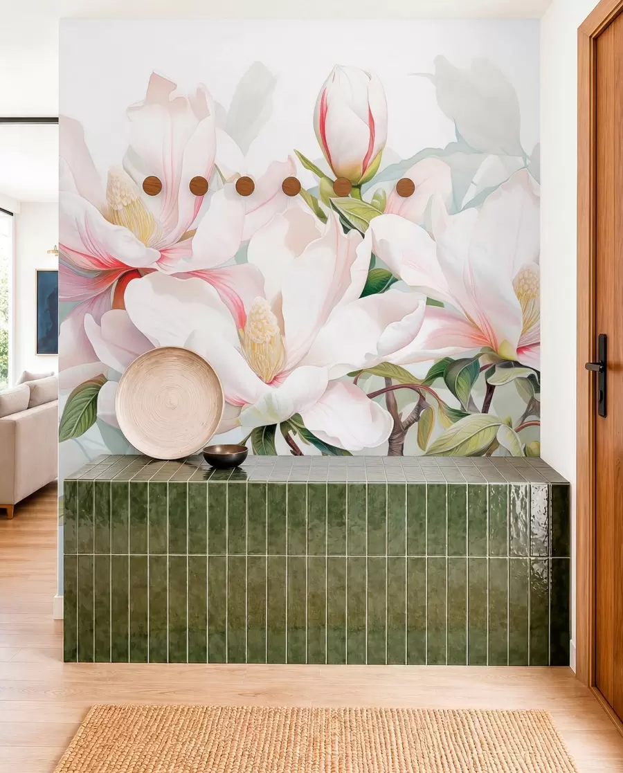 murales de pared Flores de magnolia con pétalos blancos y rosas, hojas y ramas marrones, estilo acuarela suave y delicada w08885