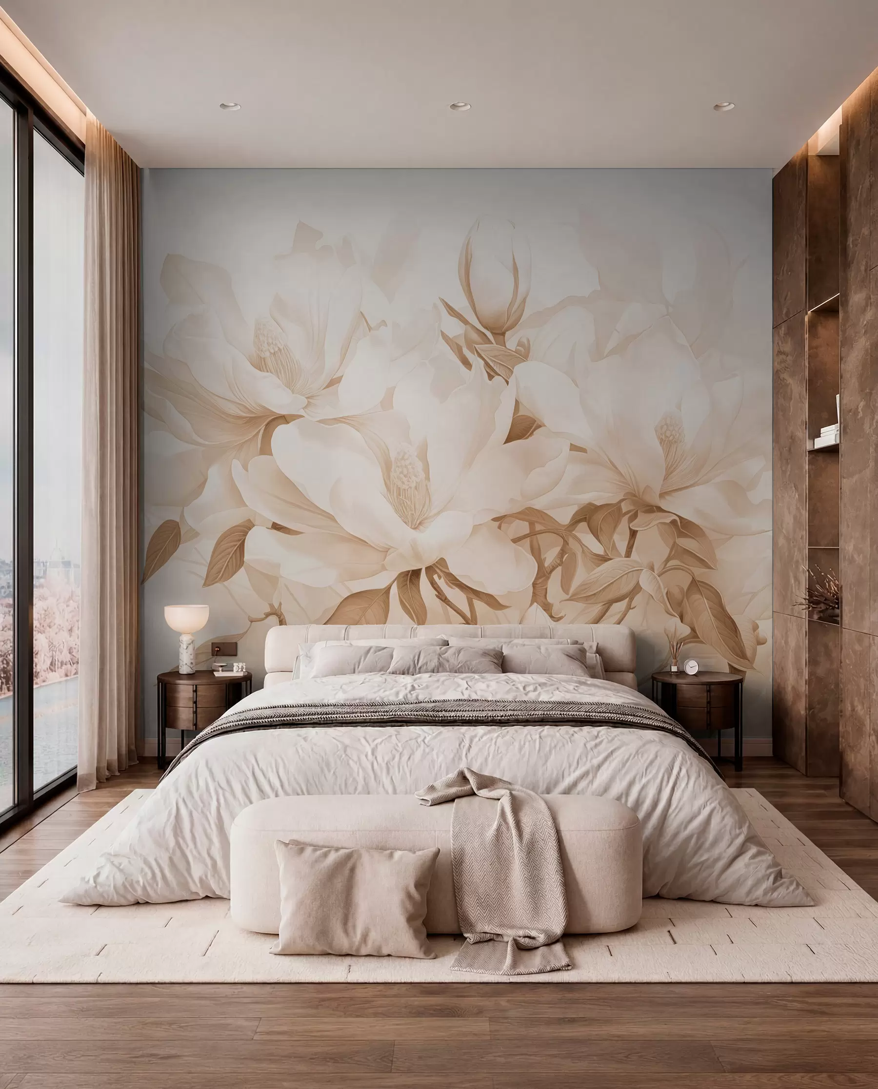 murales de pared Flores de magnolia con pétalos blancos y beige, hojas y ramas marrones, estilo acuarela suave y delicada w08886