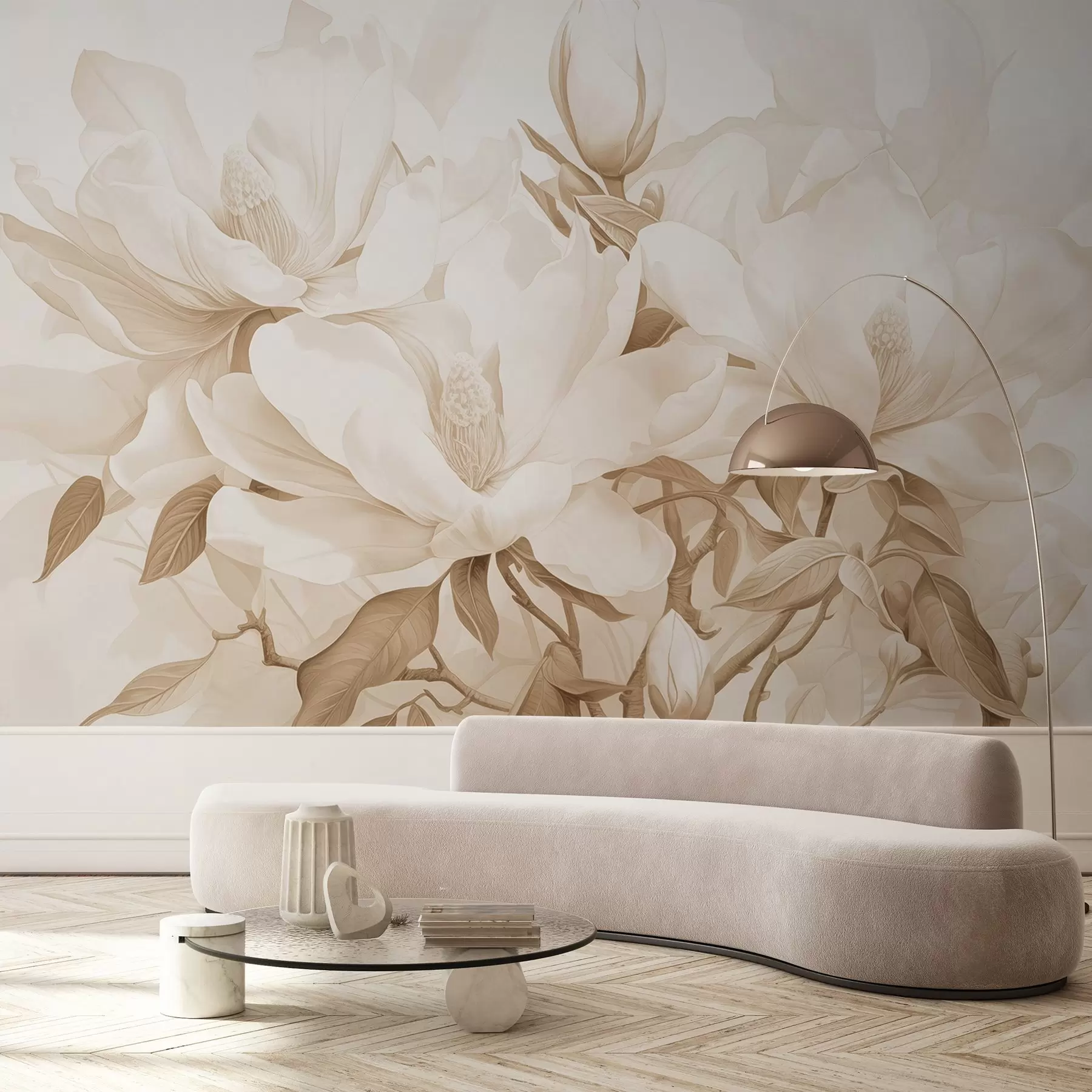 murales de pared Flores de magnolia con pétalos blancos y beige, hojas y ramas marrones, estilo acuarela suave y delicada w08886