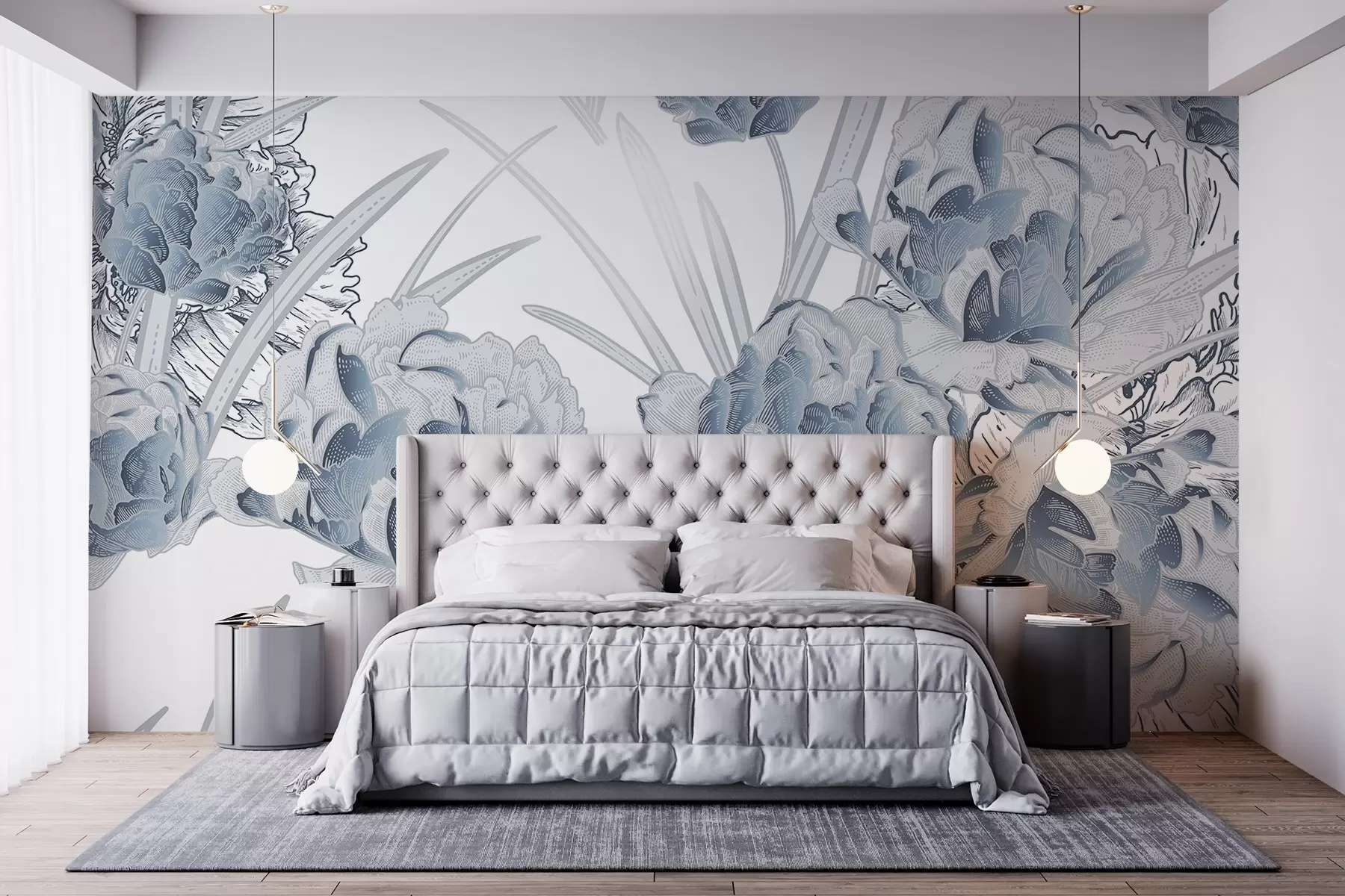 murales de pared Peonías azules con hojas sobre fondo blanco, diseño floral, ilustración botánica  w08896