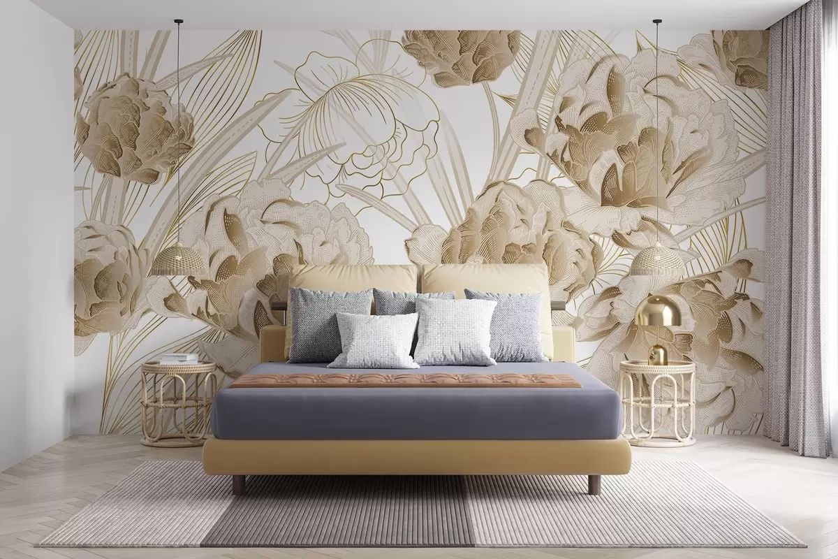 murales de pared Peonías beige con hojas sobre fondo blanco, diseño floral, ilustración botánica  w08897