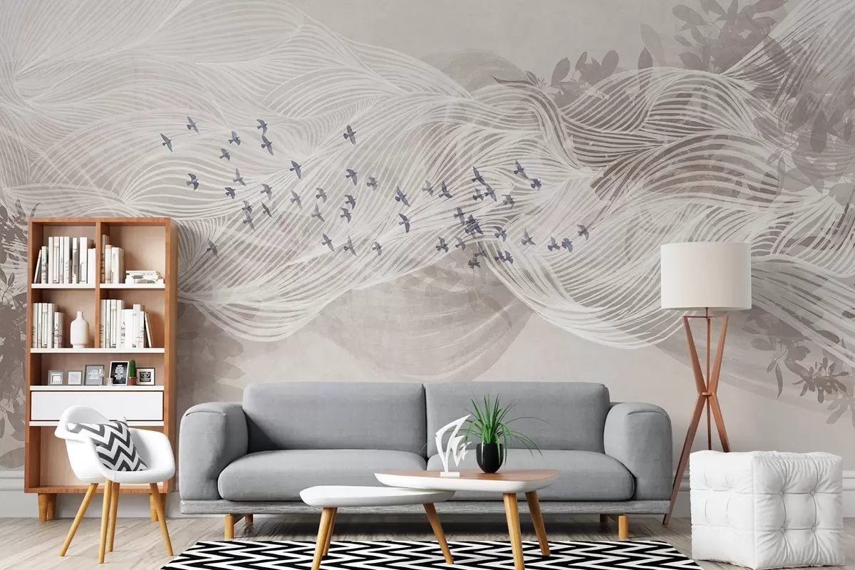 murales de pared Bandada de pájaros volando sobre el paisaje abstracto de arte lineal ondas de color beige con textura, colores suaves , diseño minimalista  w08898