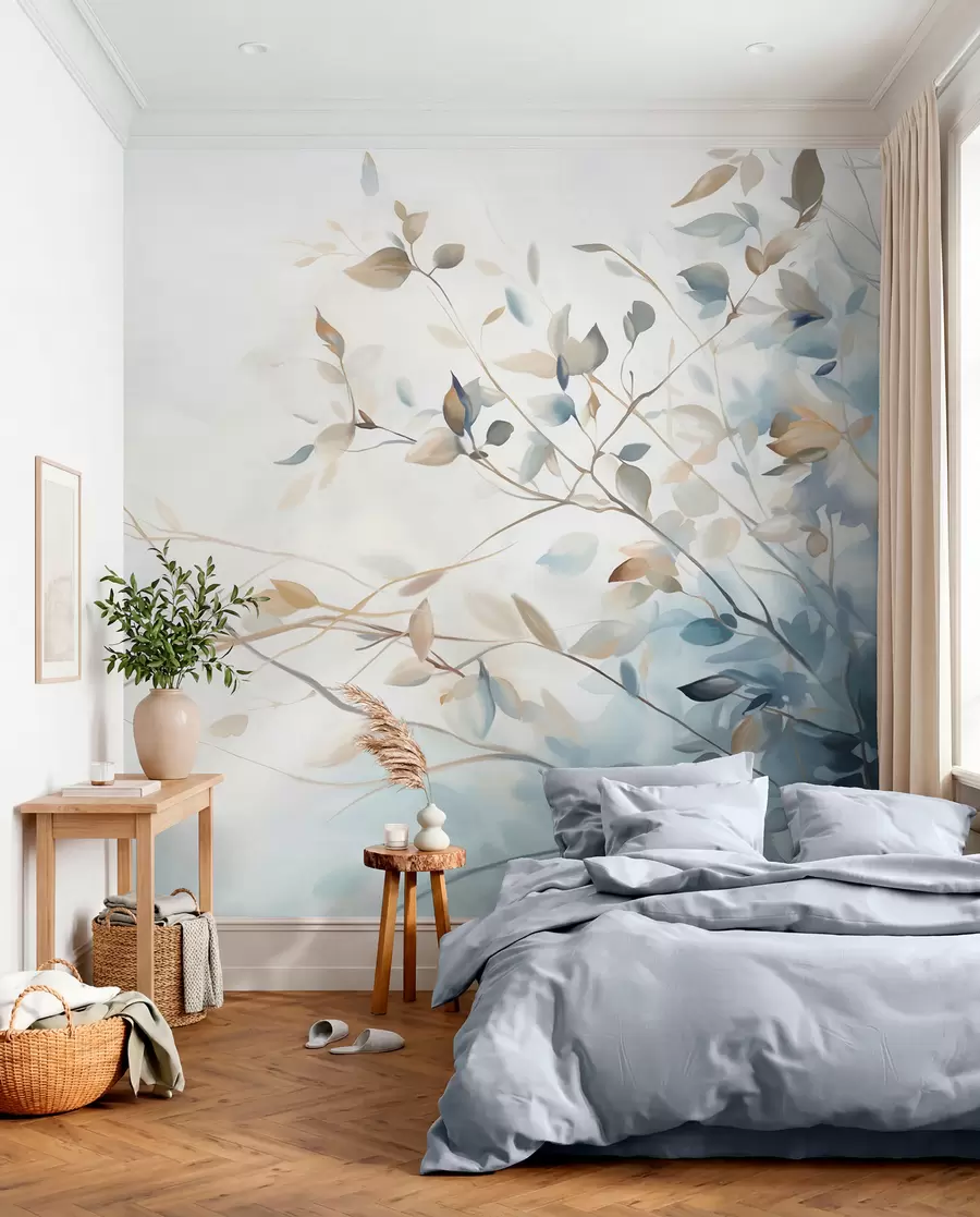 murales de pared Ramas con hojas en tonos azules y marrones, fondo claro, suave y delicado, estilo acuarela  w08900