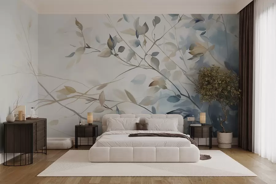 murales de pared Ramas con hojas en tonos azules y marrones, fondo claro, suave y delicado, estilo acuarela  w08900