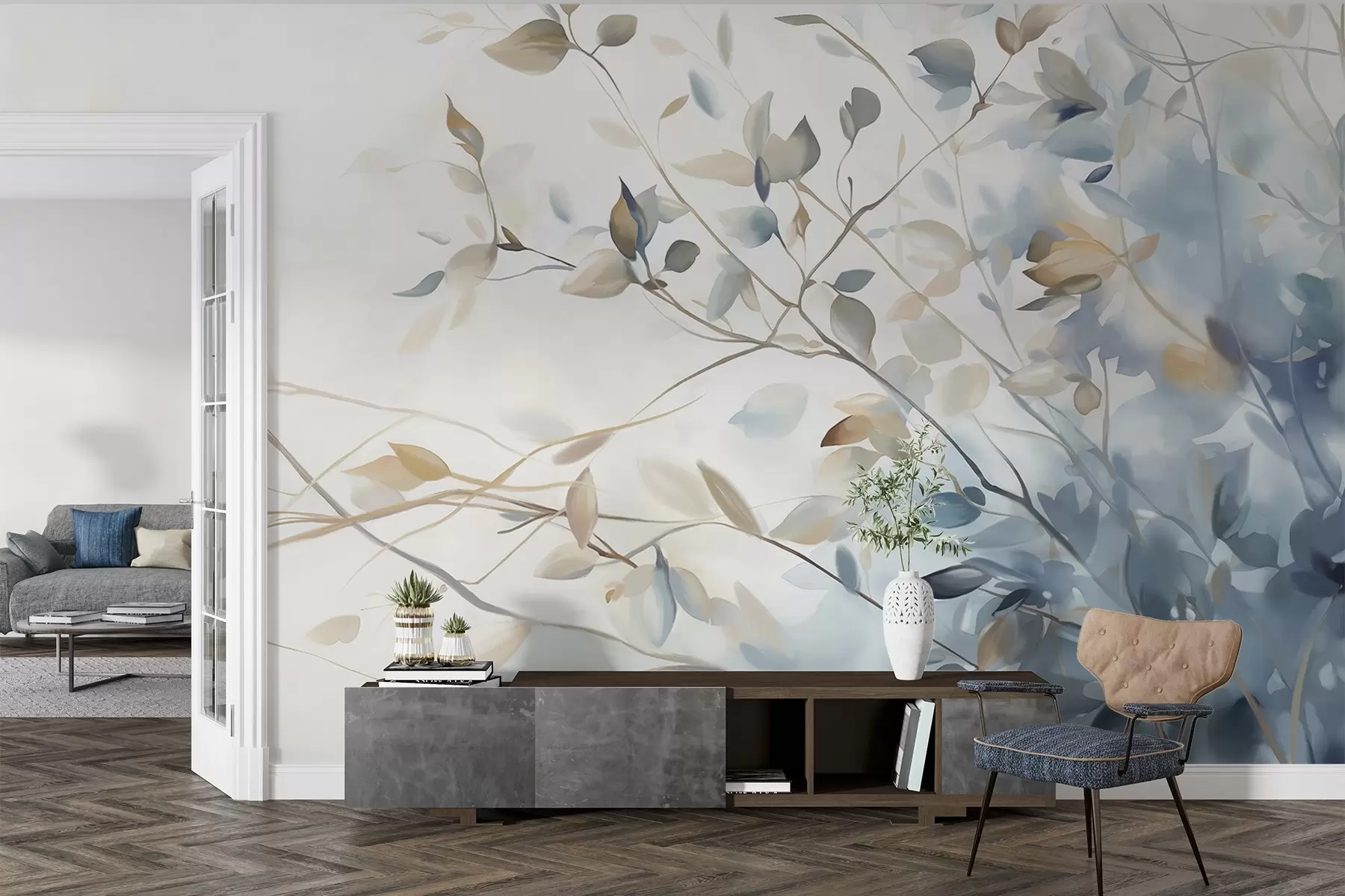 murales de pared Ramas con hojas en tonos azules y marrones, fondo claro, suave y delicado, estilo acuarela  w08900