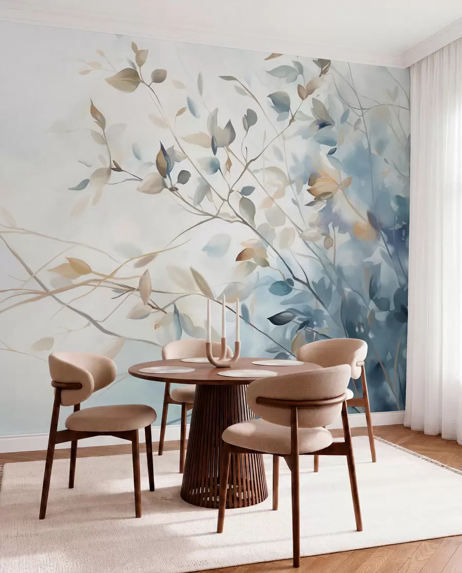 murales de pared Ramas con hojas en tonos azules y marrones, fondo claro, suave y delicado, estilo acuarela  w08900