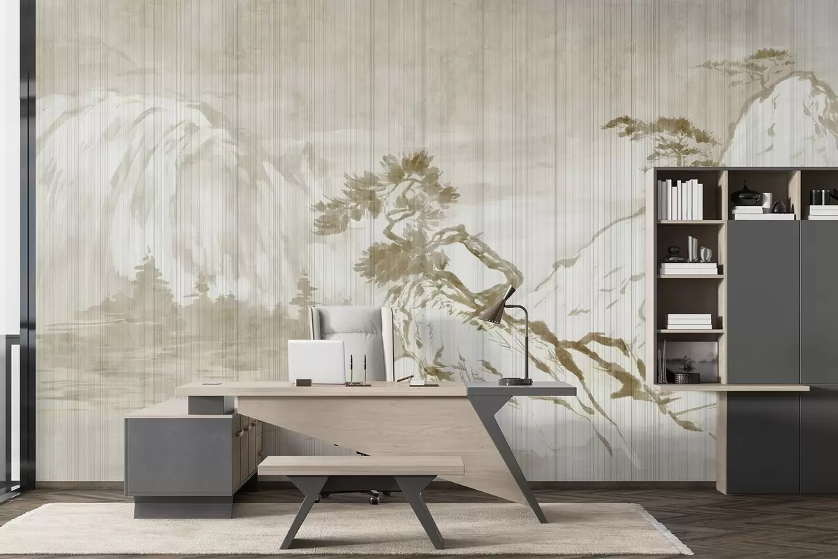 murales de pared Paisaje monocromo tradicional chino con montañas, árboles y niebla w03379