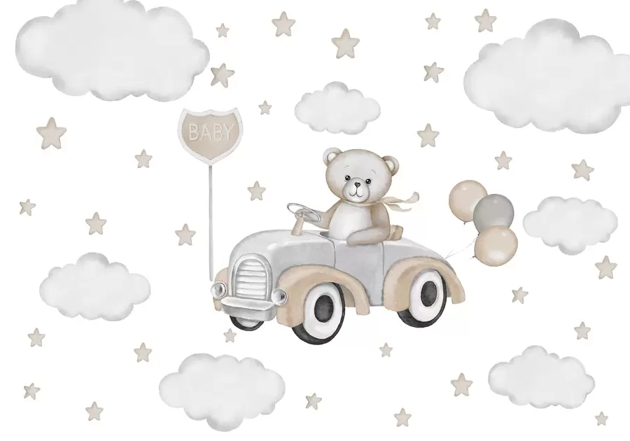 murales de pared Adorable ilustración de un osito de peluche conduciendo un coche de época entre nubes y estrellas w03382