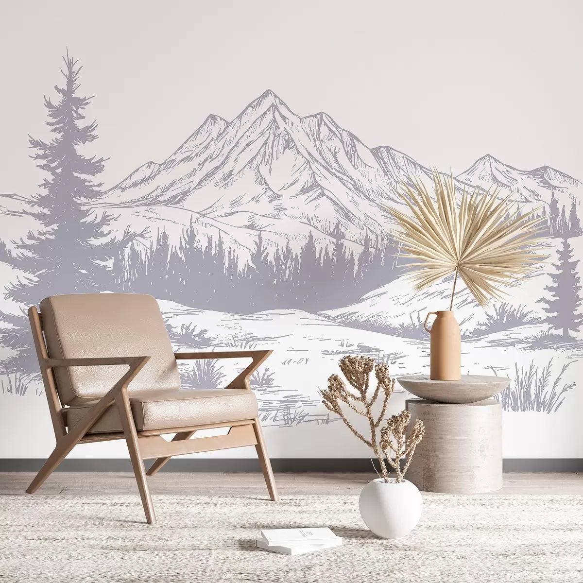 murales de pared Paisaje de montañas con pinos, bosque, naturaleza, suave color púrpura w03344v2