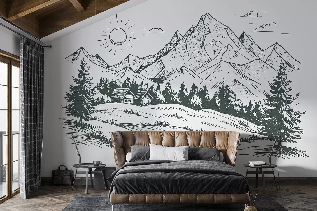 murales de pared Dibujo de montañas, paisajes de naturaleza, bosque, casas de madera, color verde w03347