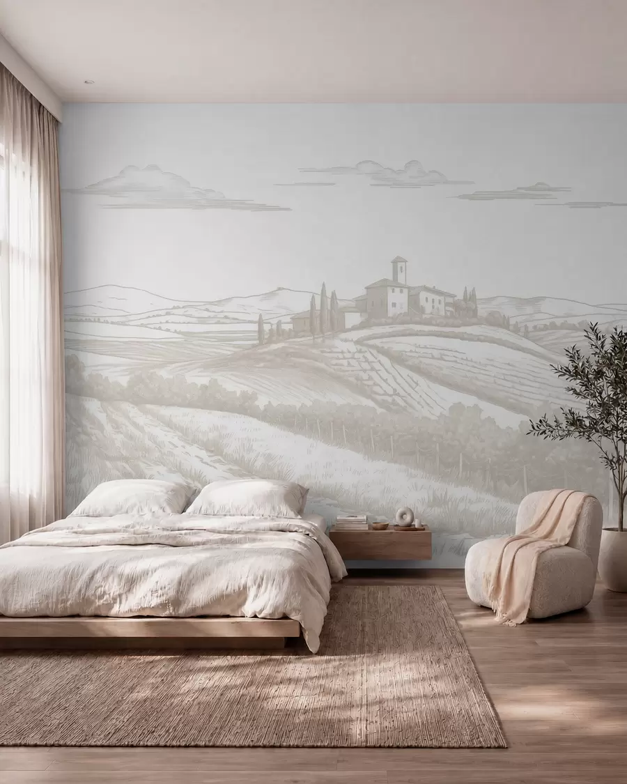 murales de pared Paisajes de la Toscana, Italia, viñedos, naturaleza, castillo antiguo, colores beige w03349
