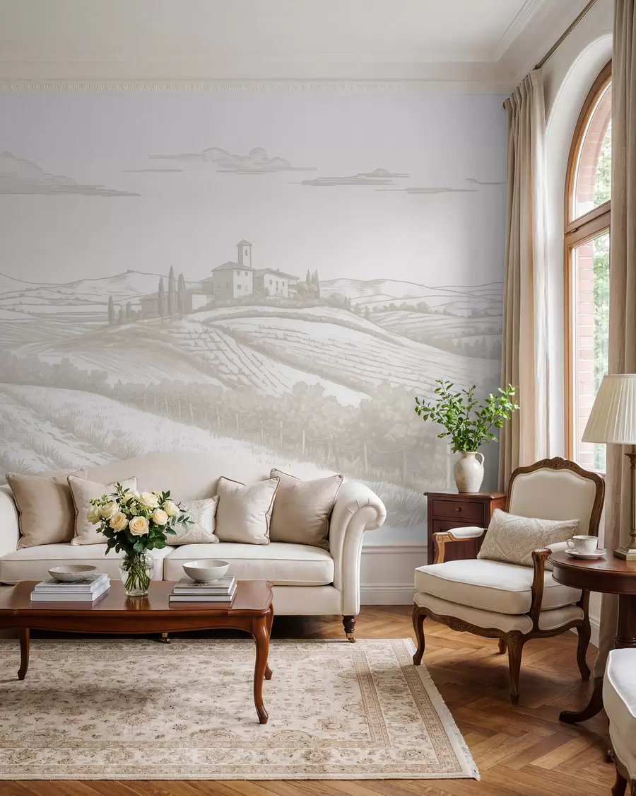 murales de pared Paisajes de la Toscana, Italia, viñedos, naturaleza, castillo antiguo, colores beige w03349