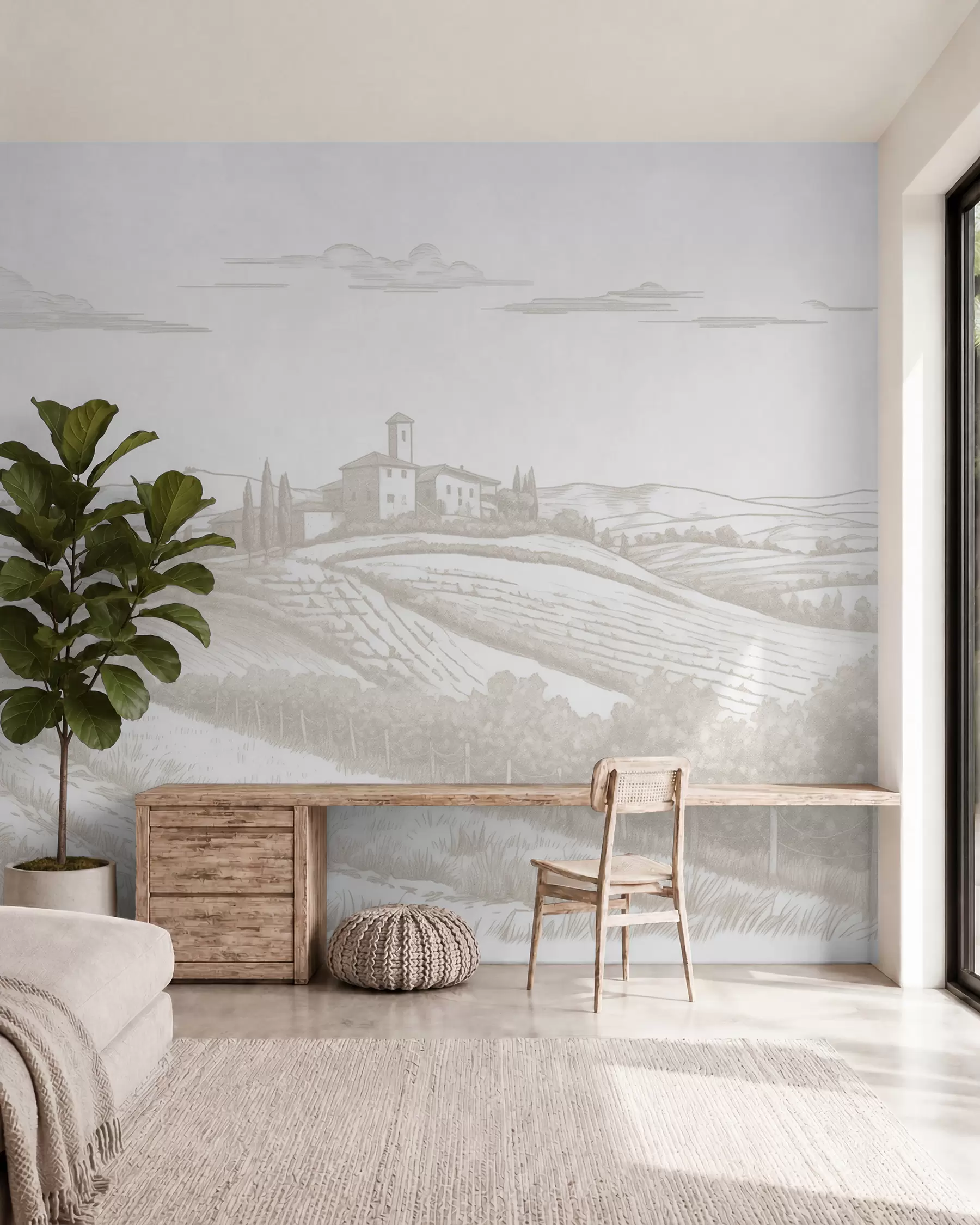 murales de pared Paisajes de la Toscana, Italia, viñedos, naturaleza, castillo antiguo, colores beige w03349