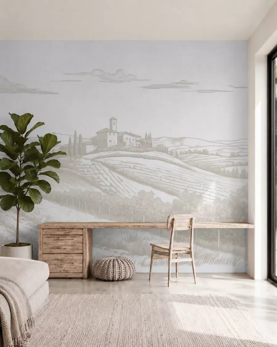 murales de pared Paisajes de la Toscana, Italia, viñedos, naturaleza, castillo antiguo, colores beige w03349