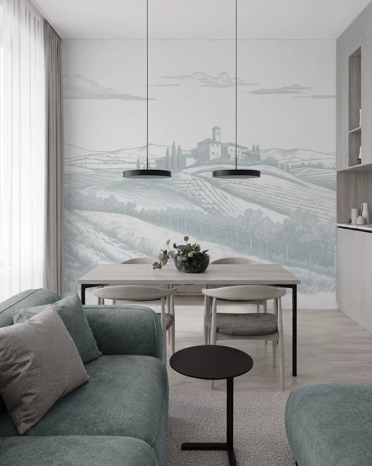murales de pared Viñedo dibujado en azul w03349v1